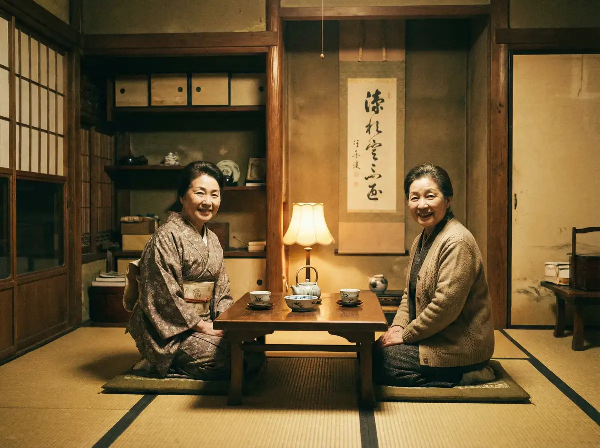 两位优雅的 manwa2 在日式茶室中品茶交谈
